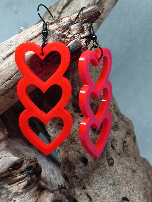 Radiant Red Triple Heart Dangle Earrings